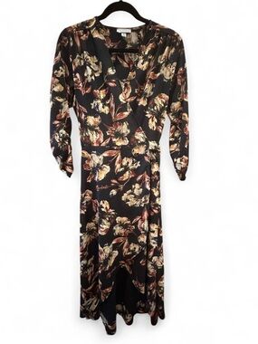 Allison Joy Black Floral High-Low Wrap Dress with Cream and Rust Blooms